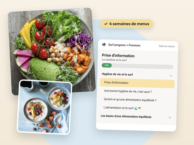 Deux assiettes équilibrées et les leçons du programme La Nutrition du surfeur dans le Club