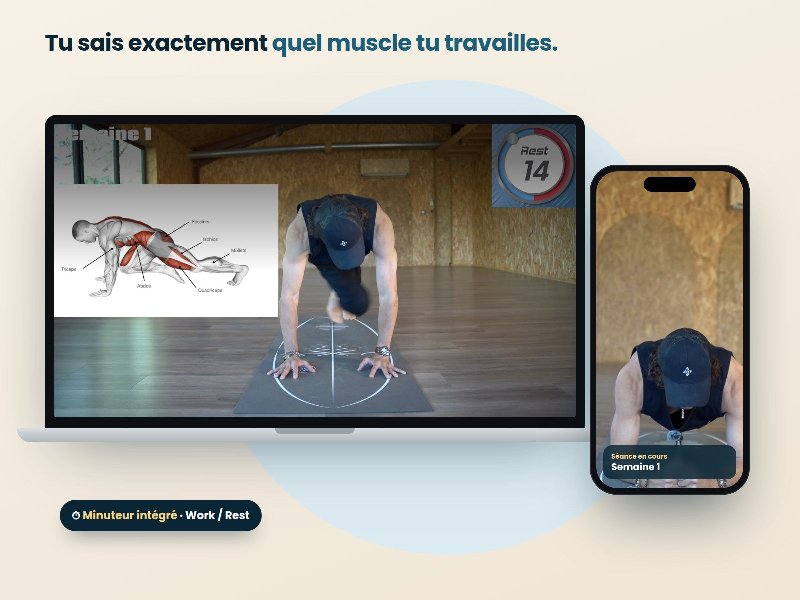 Séance avec schéma des muscles travaillés et minuteur