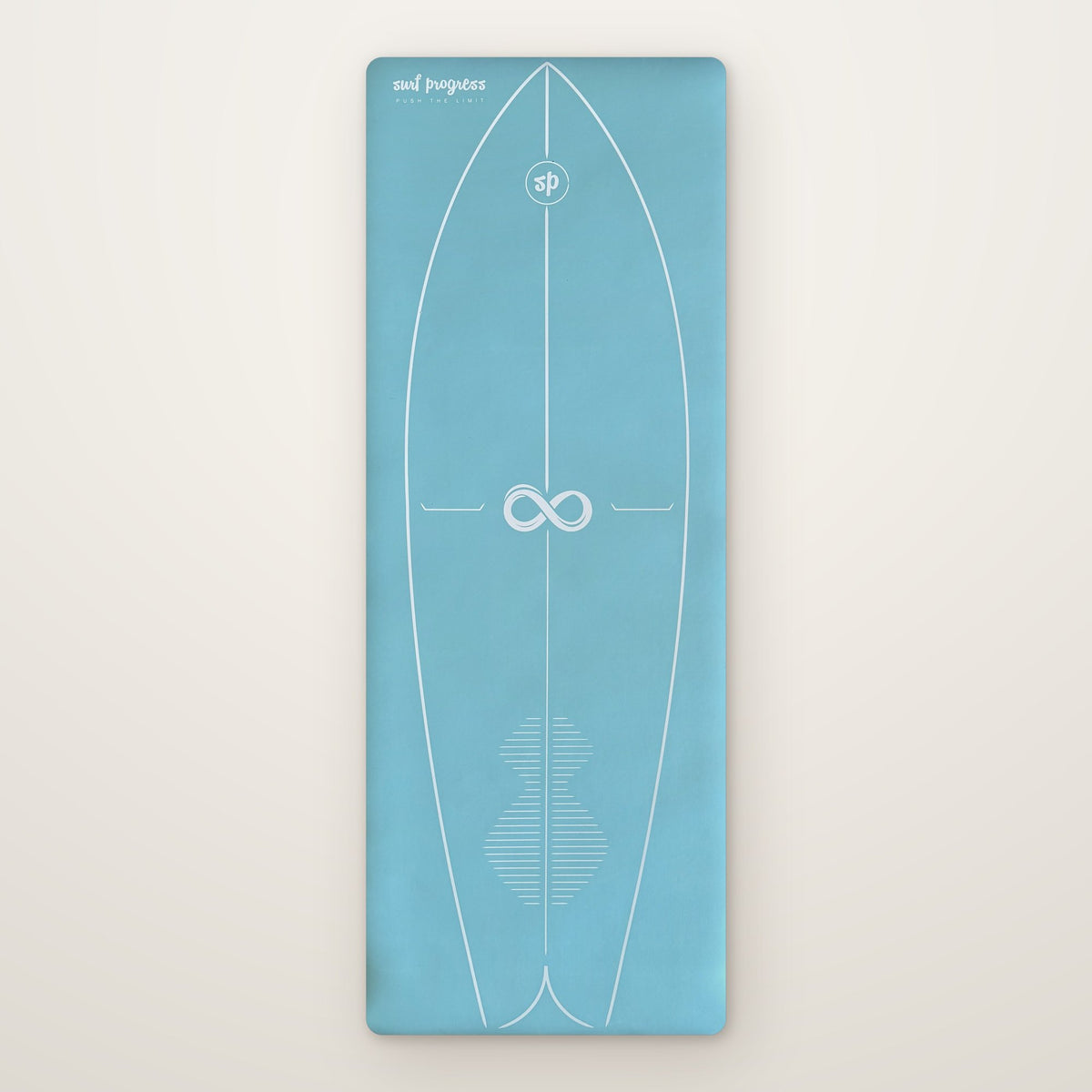 Le tapis de training Surf Progress vu de dessus, turquoise avec le tracé blanc d’une planche