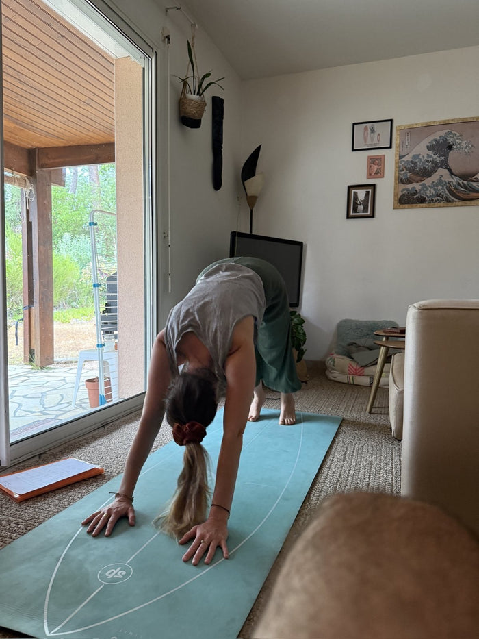 Une pratiquante en chien tête en bas sur le tapis, à la maison